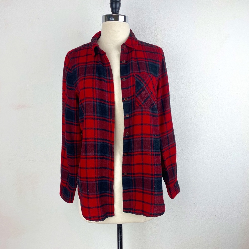 Pink Rose Red Flannel Plaid Shirt Boho Country Western Grunge Long Sleeve Small